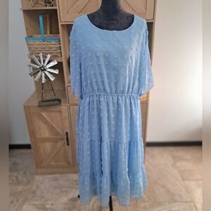 In'VOLAND Women's 22W Midi Dress Light Blue Tiered Swiss Dots Lined Short Sleeve